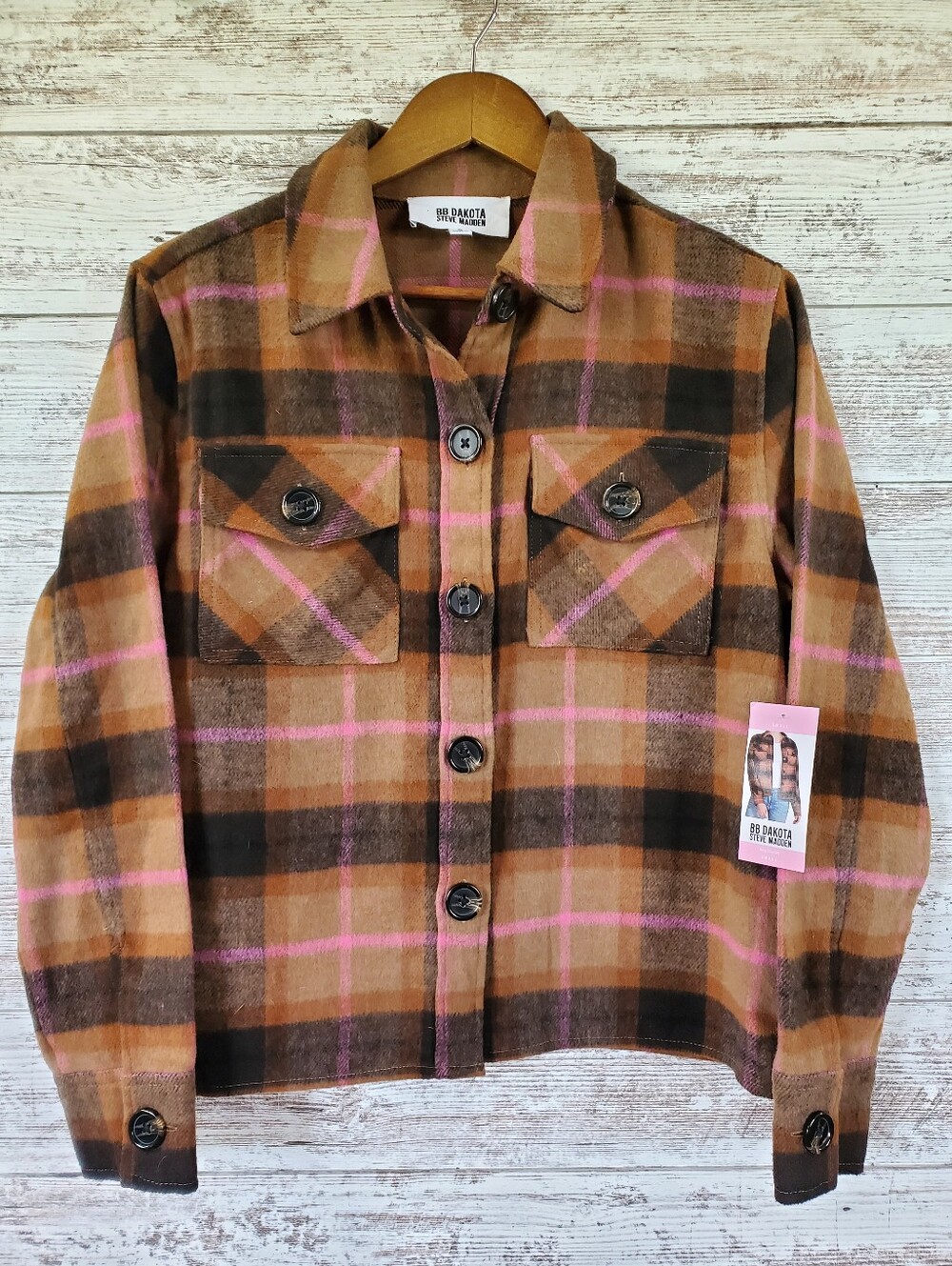 BB Dakota Steve Madden Cashew Plaid Shacket Flannel Boxy Shirt Jacket Brown Pink